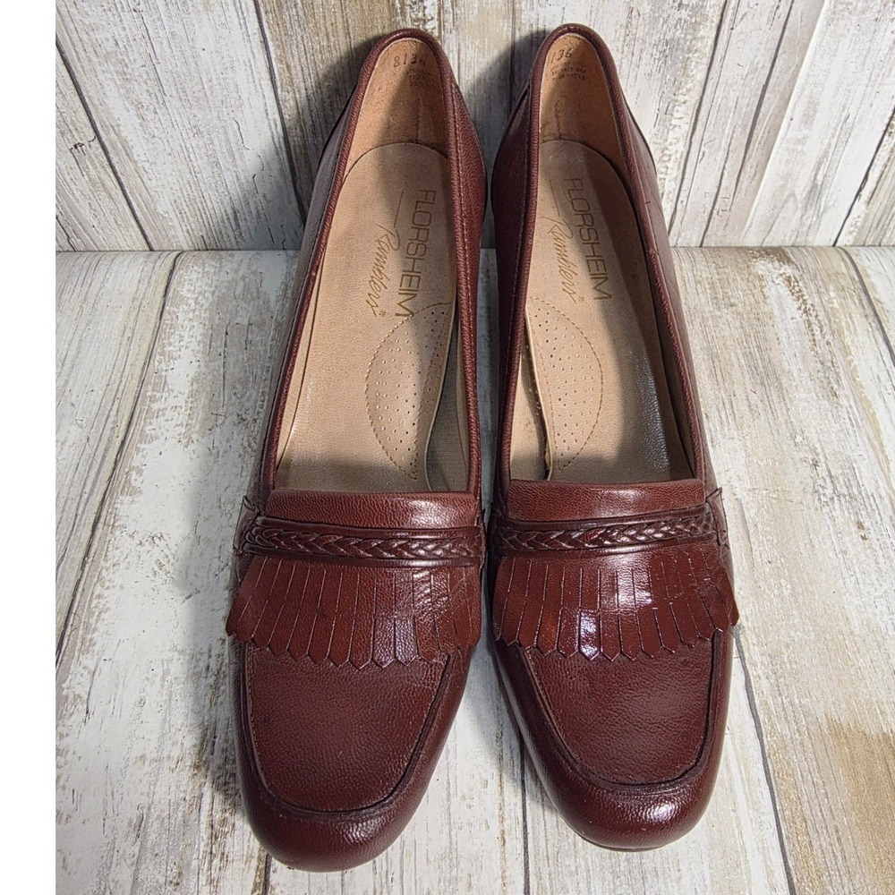 Florsheim Ramblers Brown Leather Kiltie Loafer Pumps Block Heel Vintage 8 B